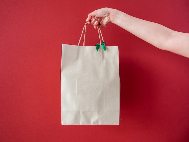 Woman's hand holding blank recycled paper bag decorate with green bow on red wall