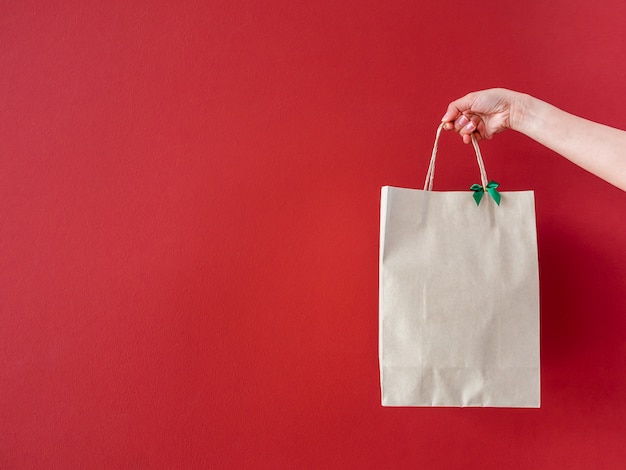 Woman's hand holding blank recycled paper bag decorate with green bow on red wall