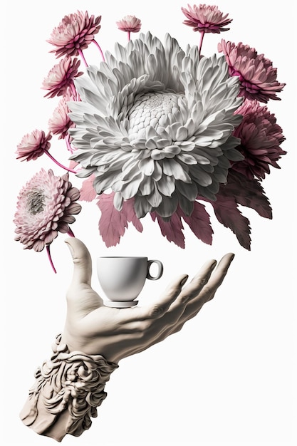 A woman's hand holding a cup with flowers in it AI generative image surreal still life element on white background