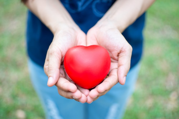 Woman's hand holding red heart 