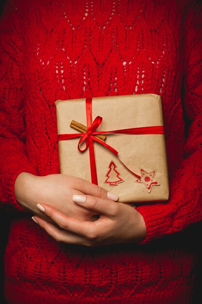 Woman's hand holding wrapped Christmas gift