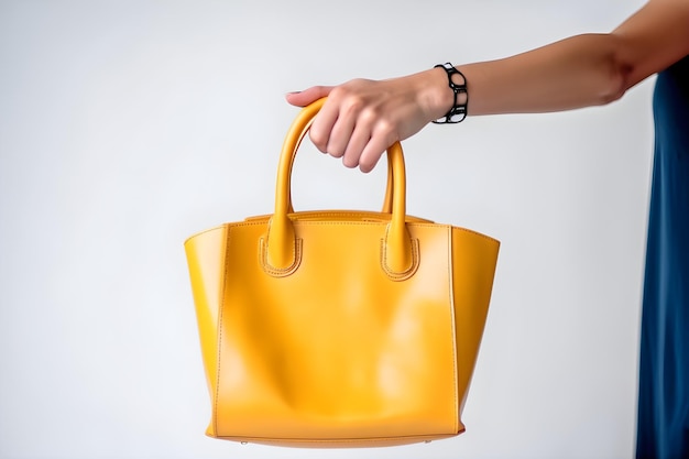 A woman's hand holding a yellow bag