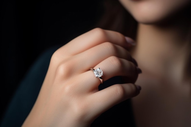 A woman's hand holds a diamond ring.