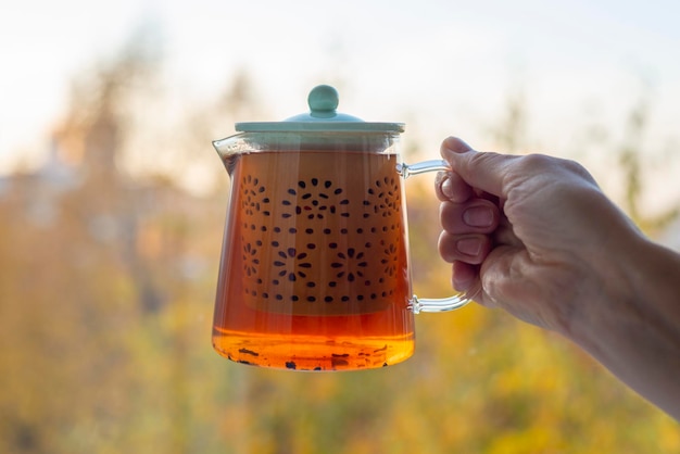 Woman's hand holds a glass teapot of tea in the air