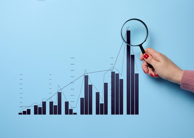 A woman's hand holds a magnifying glass and a graph with growing indicators studying data analyzing statistics