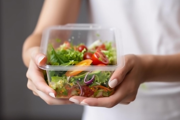 Woman's hand is holding a take away fresh salad in a lunch box