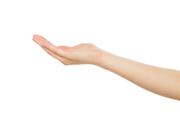 Woman's hand keeping empty cupped palm, close-up, cutout, isolated on white background. Offering or begging concept.