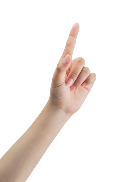 Woman's hand pointing finger up on white background