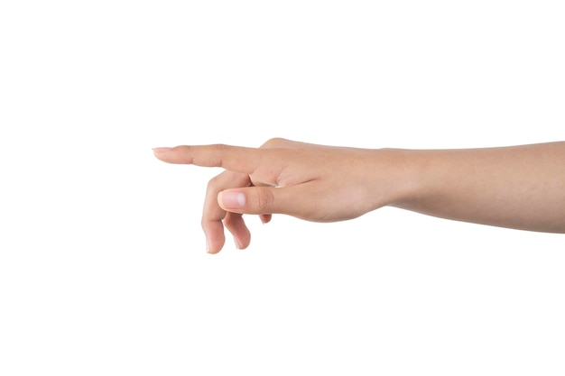 Woman's hand pointing with the index finger with white background and copy space