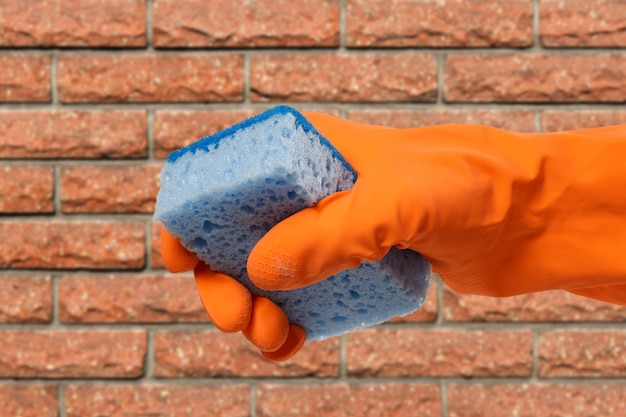 Woman's hand in protective glove with sponge