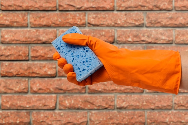 Woman's hand in protective glove with sponge