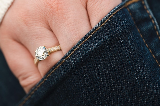 A woman's hand with a diamond ring on her hand