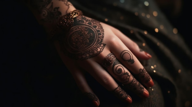 A woman's hand with henna tattoos on it