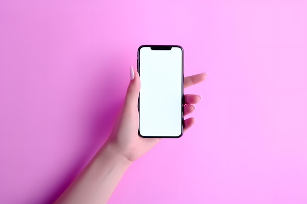 Woman's hand with nail manicure holds a smartphone with a white screen Pink background template Mockup Modern Ad Style Generative Ai