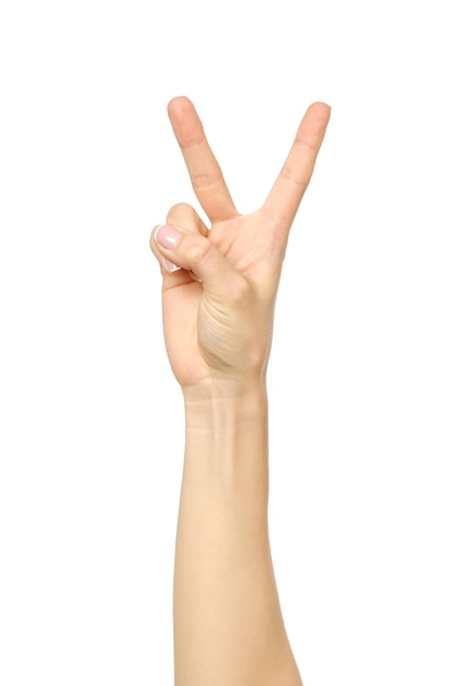 Woman's hand with two fingers up in the peace or victory symbol