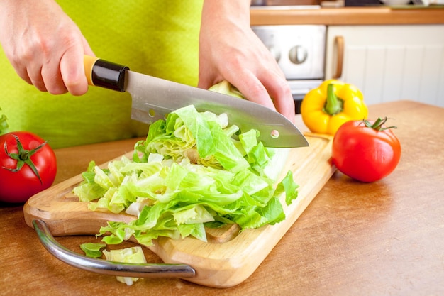 Photo woman's hands cutting lettuce, behind fresh vegetables.