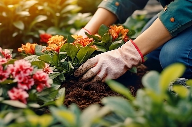 Woman's hands in gloves planting flowers