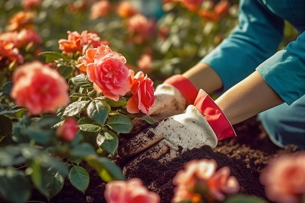 Woman's hands in gloves planting flowers