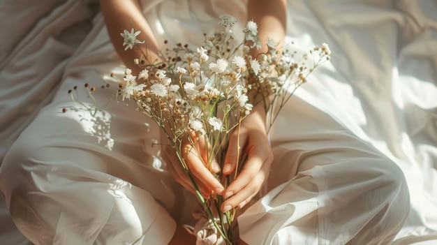 Woman s hands holding delicate flowers on white sheet in morning sunlight with gentle haze