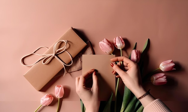 Woman's hands holding a letter in craft envelope Pink background Mother's day concept generative AI