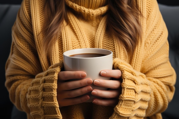 Woman's hands in sweater holding cup of hot drink coffee indoors