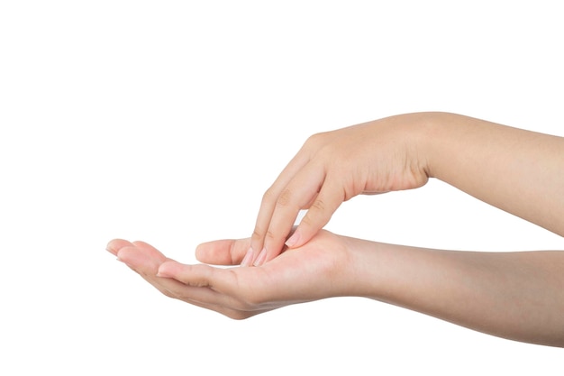 Photo woman's hands touching each other with white background