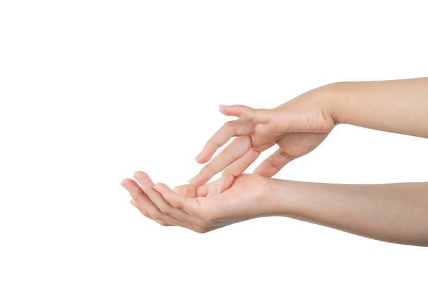 Woman's hands touching each other with white background