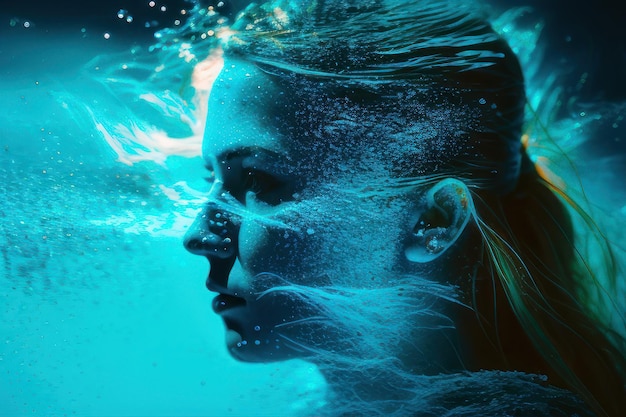 A woman's head is covered in water and the words " aquarius " on the bottom.