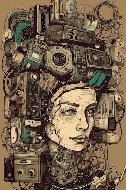 The woman's head is covered in wires and equipment in the style of hyperdetailed illustrations Rolleiflex original Cargopunk vintageinfluenced still lifes Generative AI