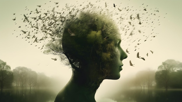 A woman's head with birds flying around her.