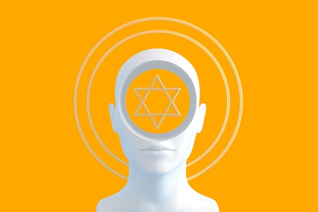 A woman's head with gold circles around it depicting the aura and the Golden star of David Concept art on the topic of religion 3D illustration