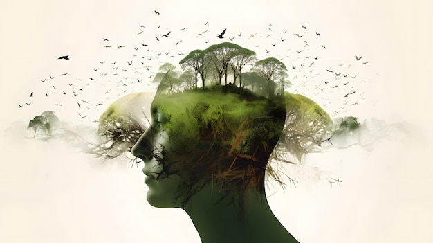 A woman's head with a tree and birds flying around it.