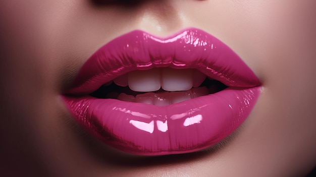 A woman's lips are painted pink and has a shiny lip gloss.