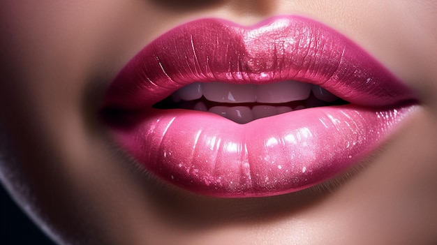 A woman's lips are shown with a pink lip gloss.