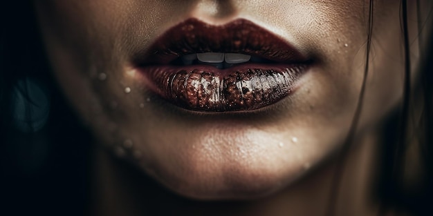 A woman's lips with dark lipstick and dark red lipstick.