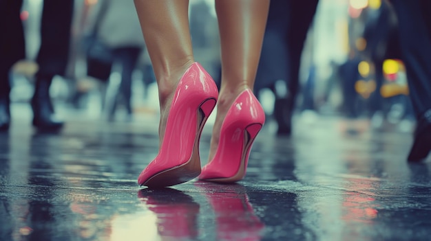 a woman  s pink high heeled shoes stands on a wet sidewalk