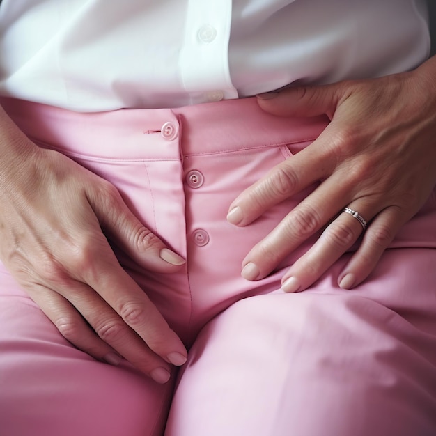 A woman's pink pants are shown with the buttons on the bottom.