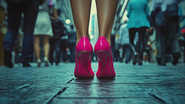 Photo a woman  s pink shoes are standing on a sidewalk