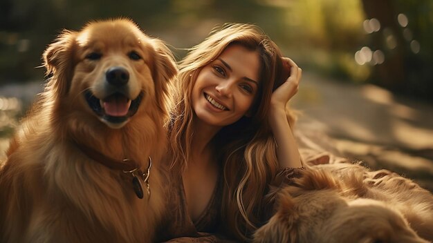 woman's portrait with two Golden Retrievers on a forest a beautiful blend of companionship