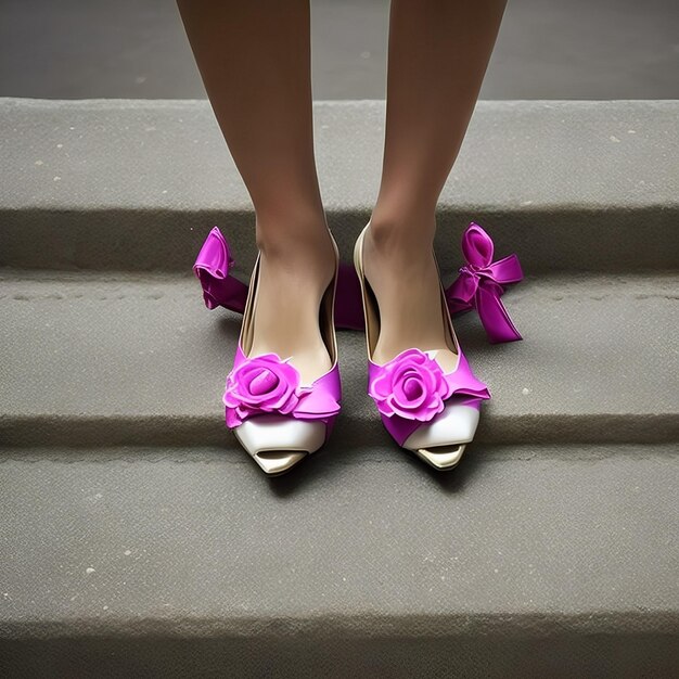 A woman's shoes with purple flowers are on a step.