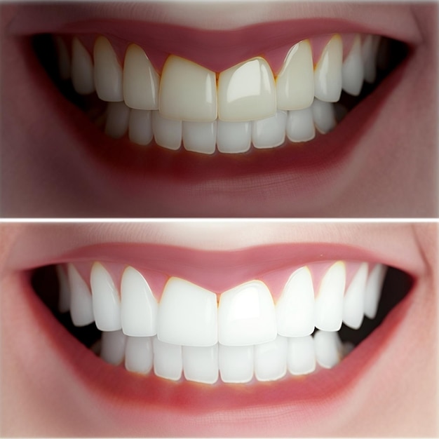 A woman's smile is shown with a red background.