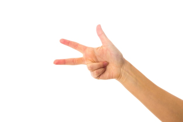 Woman's white hand showing three fingers on white background in studio