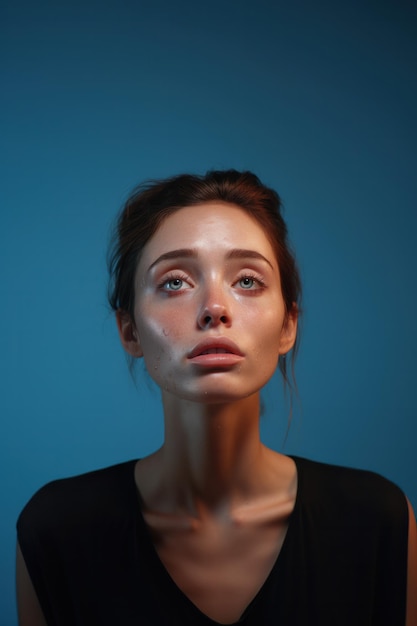 woman sad blue background