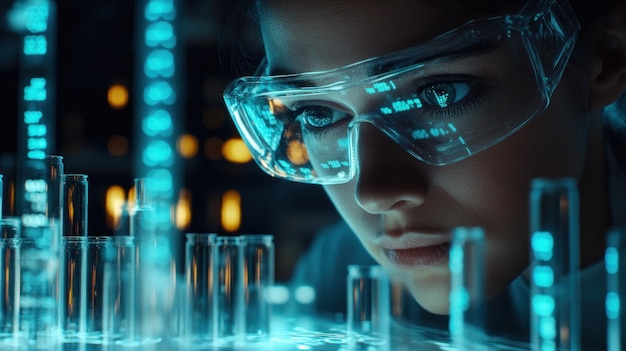 A Woman in Safety Glasses Looking at Glass Tubes