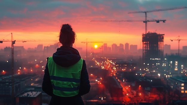 A woman in a safety vest stands on a rooftop overlooking a city at sunset with construction cranes in the background