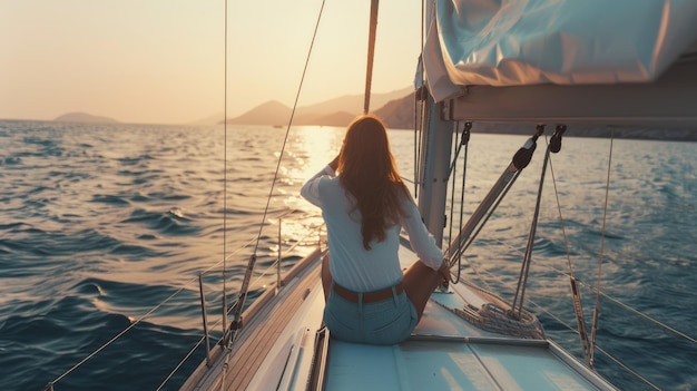 Photo woman on a sailboat during sunset gazing at the horizon embodies tranquility and the serene beauty of an evening at sea