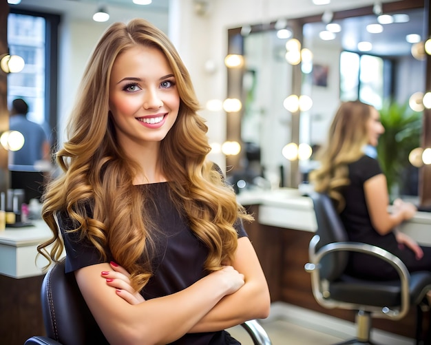 a woman in a salon with her arms crossed