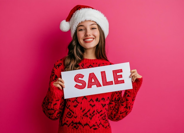 Photo a woman in a santa hat holds a sign that says sale