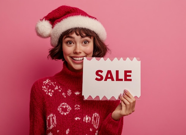 Photo a woman in a santa hat holds a sign that says sale