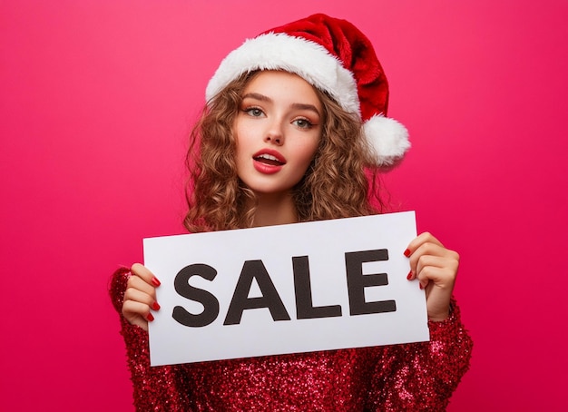 Photo a woman in a santa hat holds a white sign that says sale